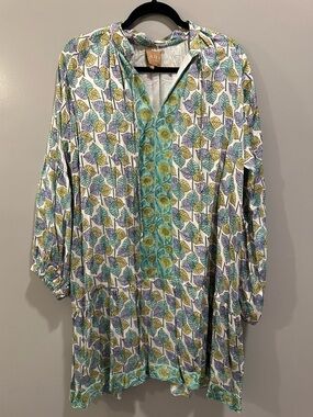 Clara The Label Leaf Print Long Sleeve Peasant Style Dress White and Green 2X